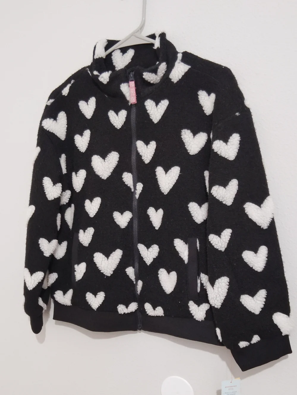 Cat & Jack Black Fleece Jacket with White Heart Pattern